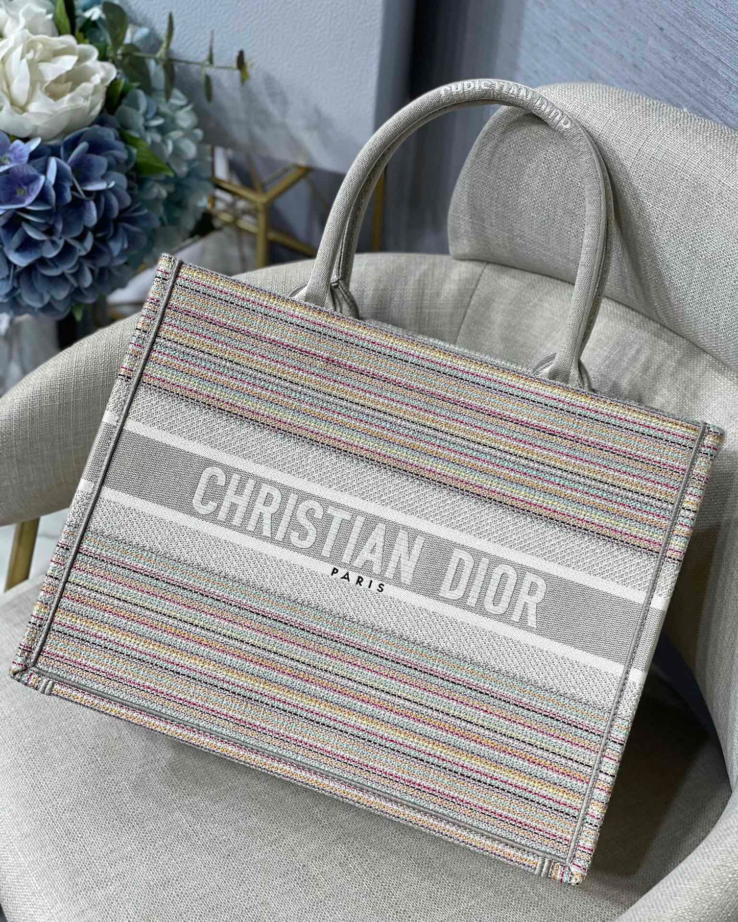 Book Stripes Embroidery Cd Canvas Large Book Tote Bag