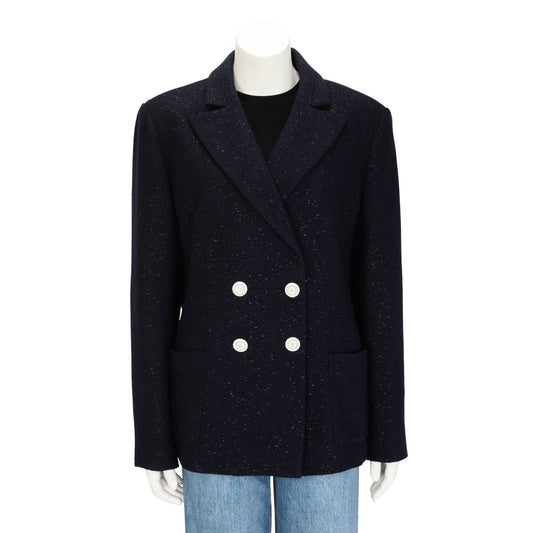 Chanel Dark Navy Lurex Tweed Double Breasted Jacket FR 50