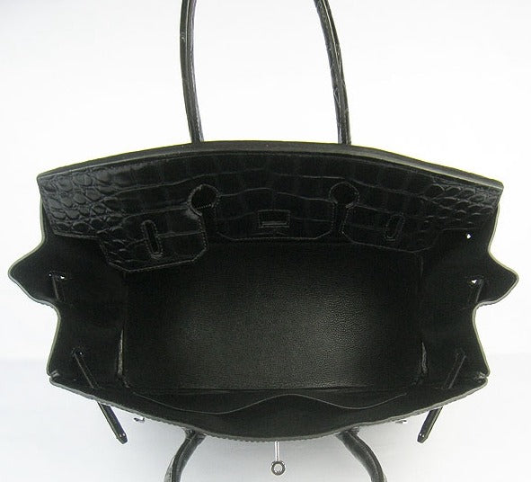 Hermes Luxury Birkin Cm Crocodile Big Veins Handbags Black Silver Travel Bag