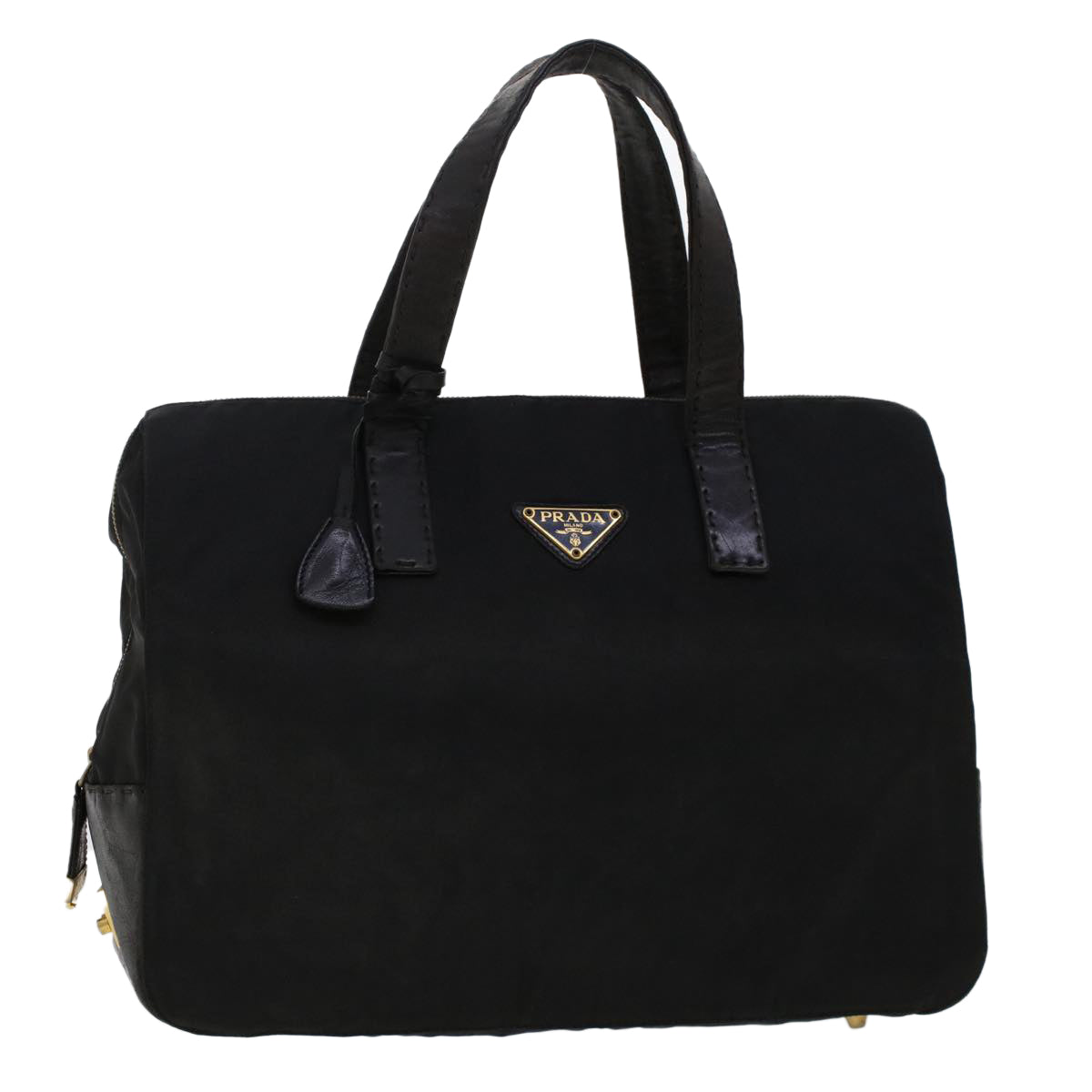 Prada Hand Bag Leather Nylon Black Travel Bag Leather Black Fm2536