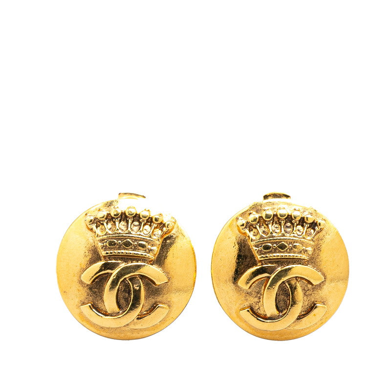 Chanel Gold Plated Coco Mark Crown Round Earrings Jewelry