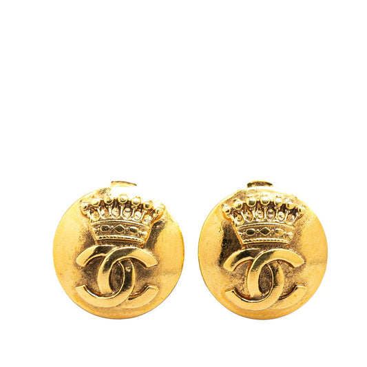Chanel Gold Plated Coco Mark Crown Round Earrings Jewelry