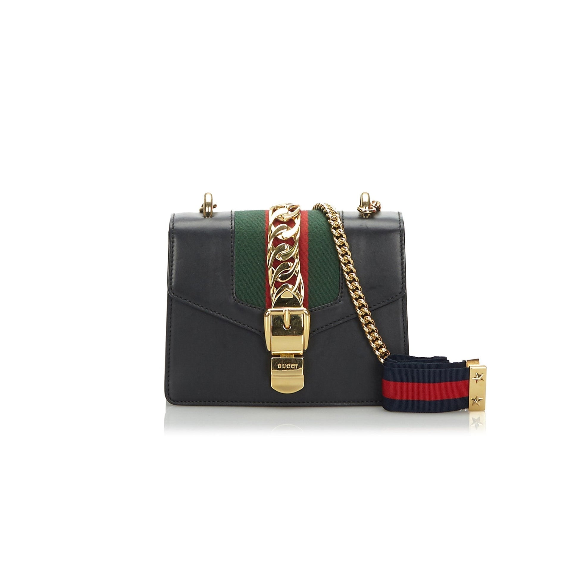 Gucci Web Chain Sylvie Shoulder Bag Leather Black