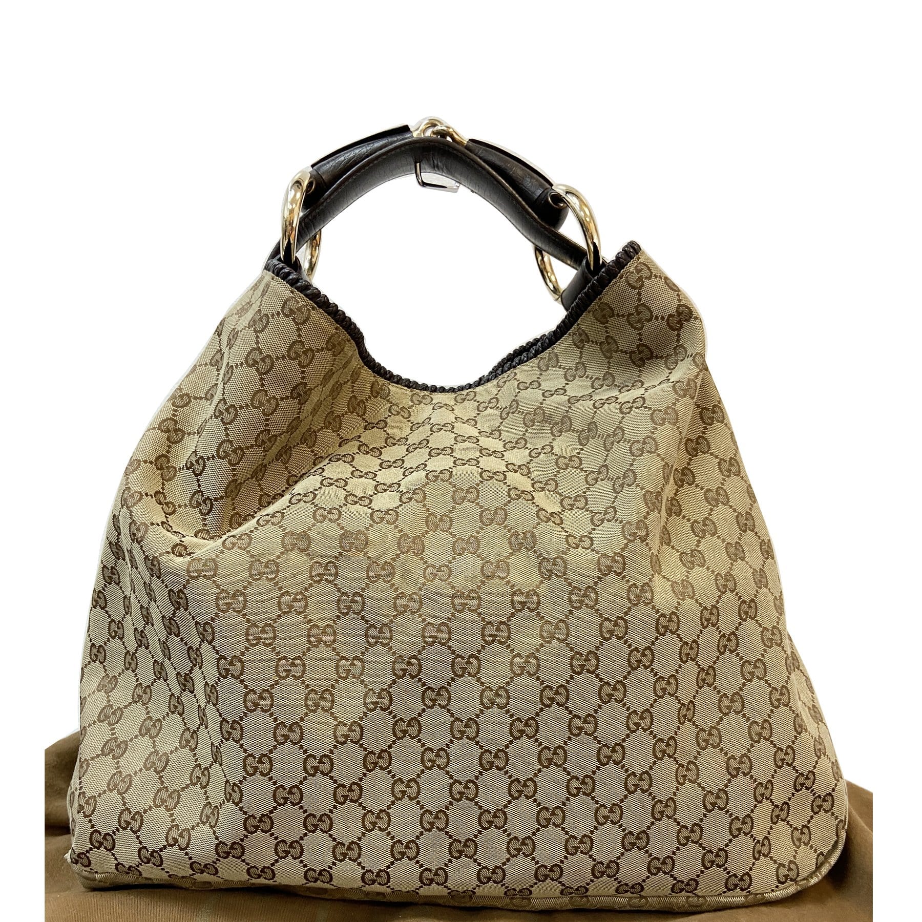 Gucci Horsebit Hobo Bag Canvas Beige Travel Bag Horsebit Large