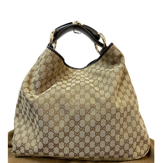 Gucci Horsebit Hobo Bag Canvas Beige Travel Bag Horsebit Large