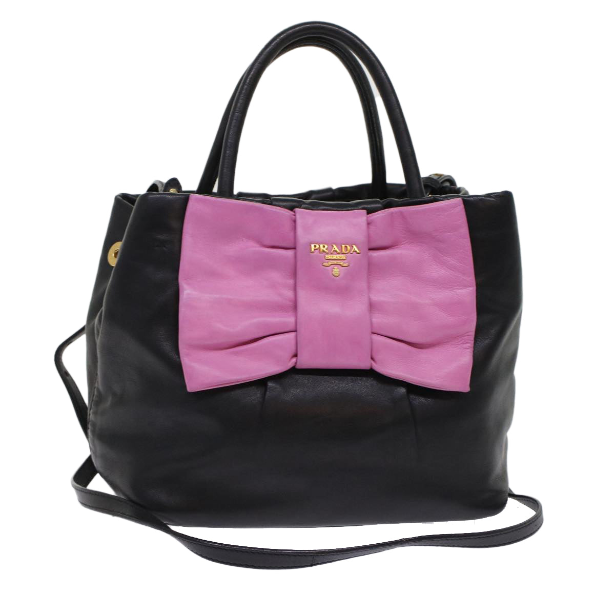 Prada Ribbon Hand Bag 2Way Leather Black Pink Travel Bag