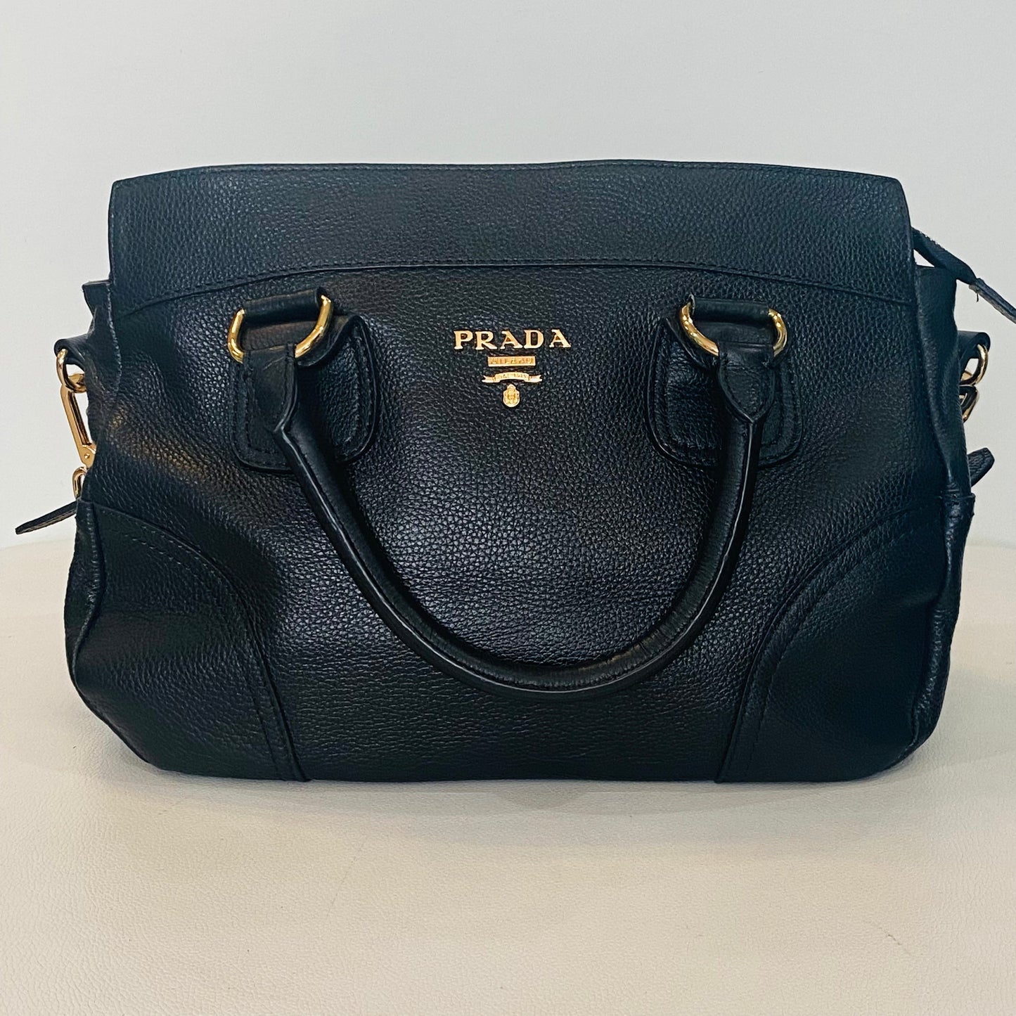 Prada Daino Satchel Rame Vitello Black Satchel Bag