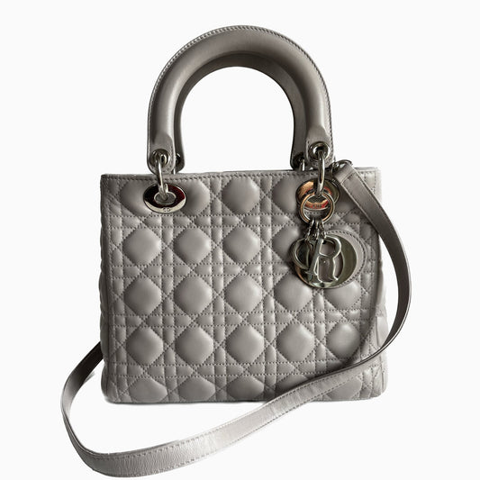 Dior Lady Grey Cannage With Strap Handbag Leather Medium Travel Bag
