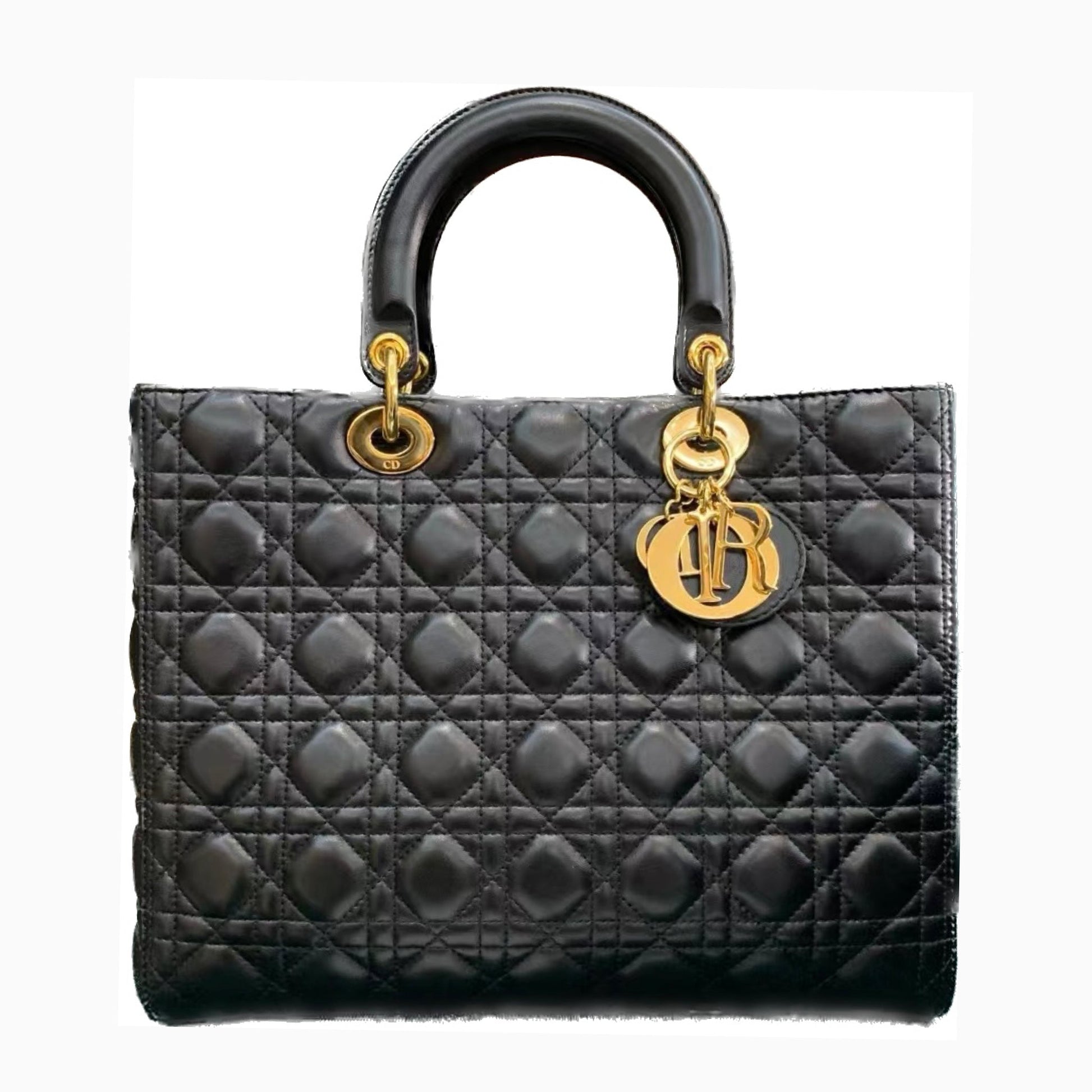 Dior Lady Large Bag Cannage Lambskin With Hardware Leather Black Travel Bag
