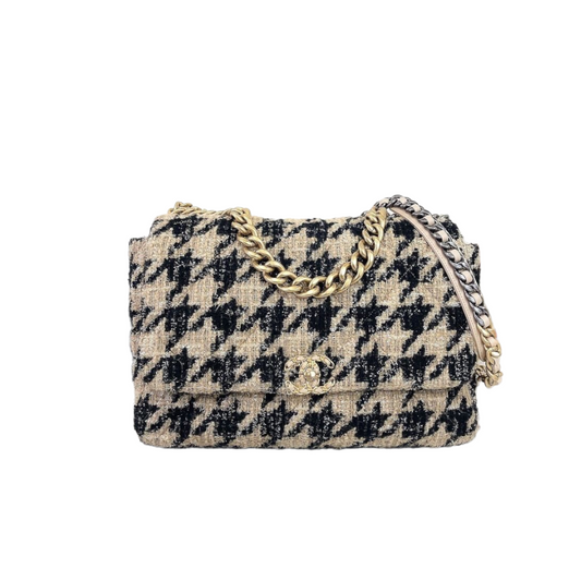 Chanel Maxi 19 Houndstooth Tweed 19K Flap Bag Leather Black Crossbody Bag