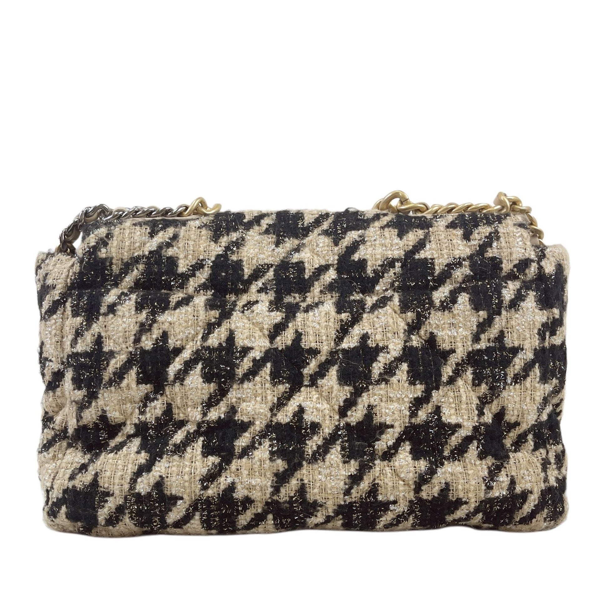 Chanel Maxi 19 Houndstooth Tweed 19K Handbag Black Beige Crossbody Bag