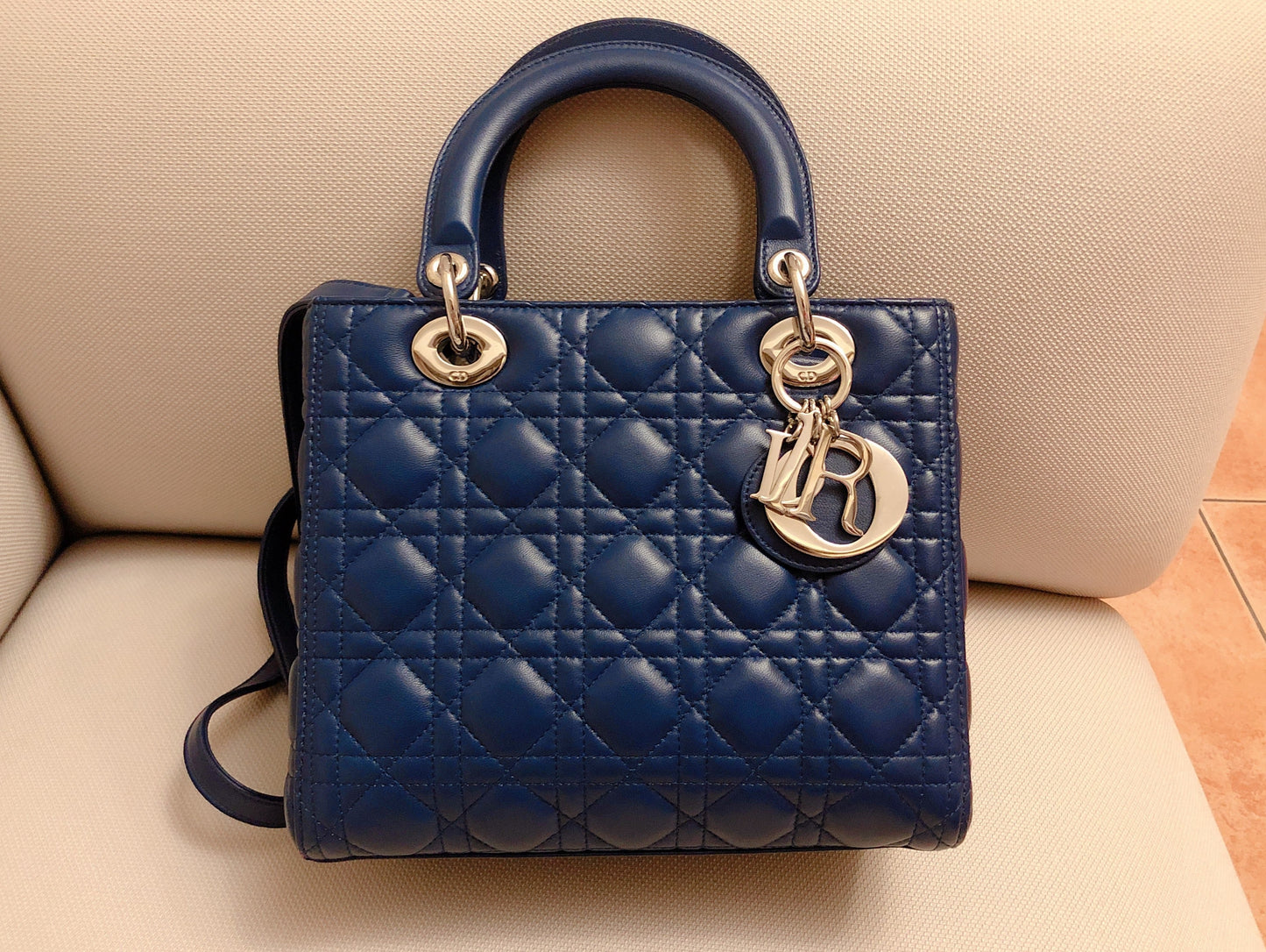 Dior Lady Navy Cannage Lambskin Handbag Leather Blue Travel Bag