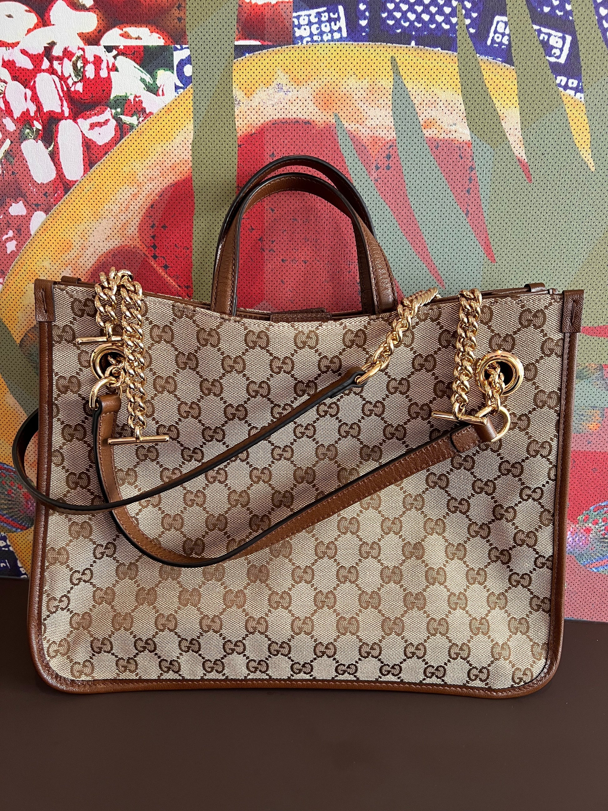 Gucci horsebit chain Monogram Leather Canvas Brown Tote Bag