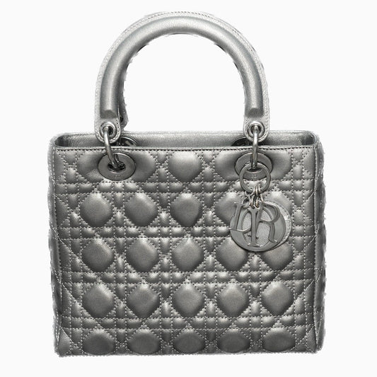 Dior Lady Calfskin Gunmetal Grey Handbag Leather Silver Travel Bag