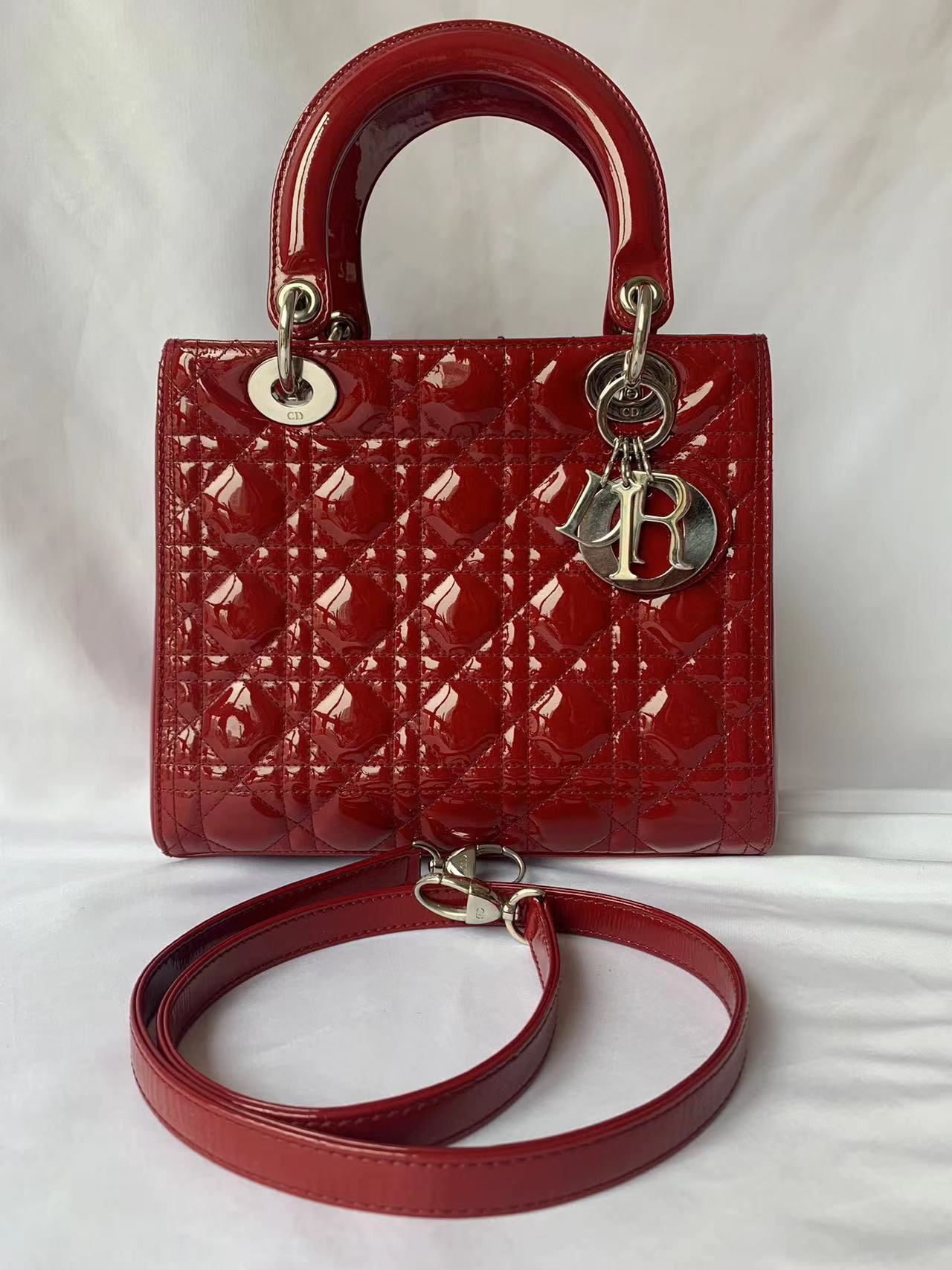 Dior Lady Patent (France) Handbag Leather Red Travel Bag