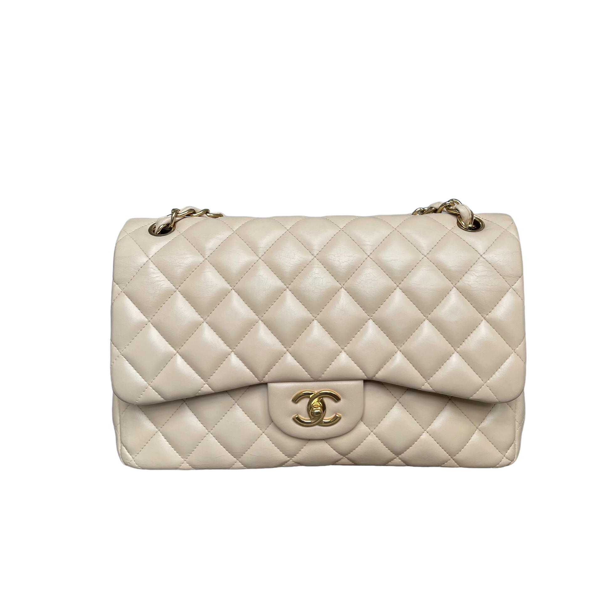 Chanel Double Flap Jumbo Lambskin GHW Handbag Leather Beige Shoulder Bag