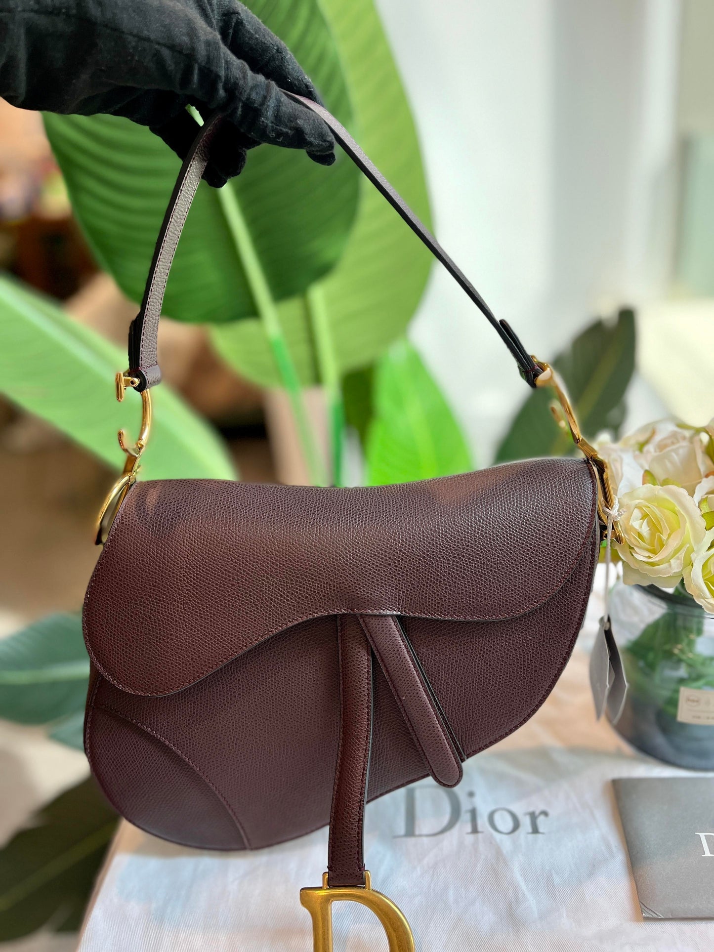 Dior Saddle Maroon Grained Handbag With Strap Leather Medium Travel Bag