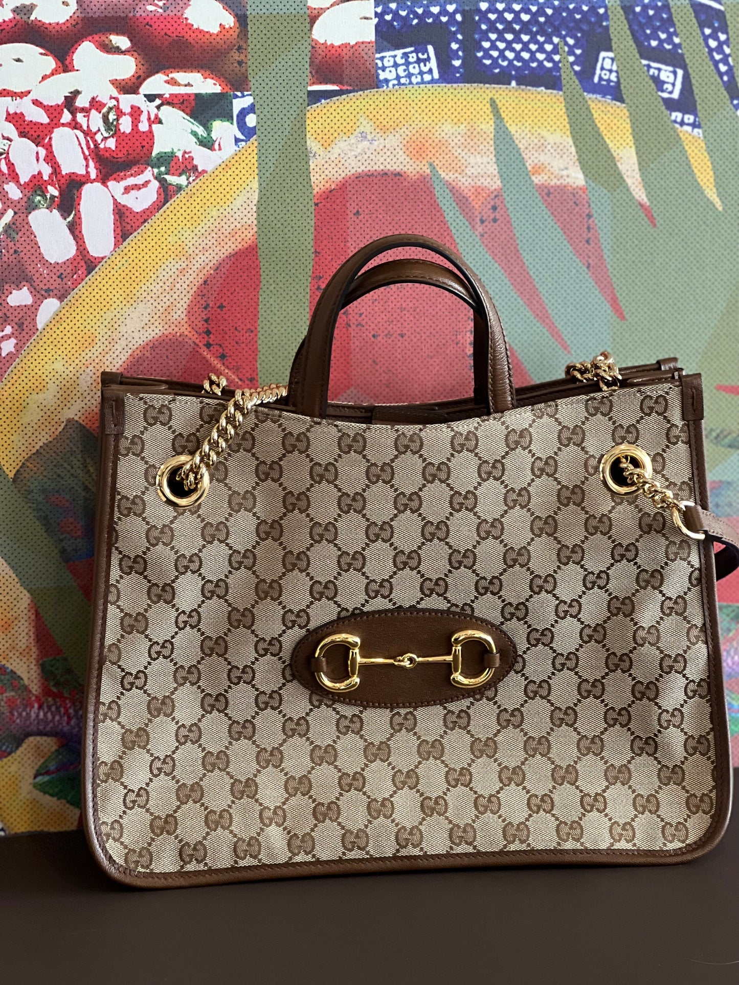 Gucci horsebit chain Monogram Leather Canvas Brown Tote Bag