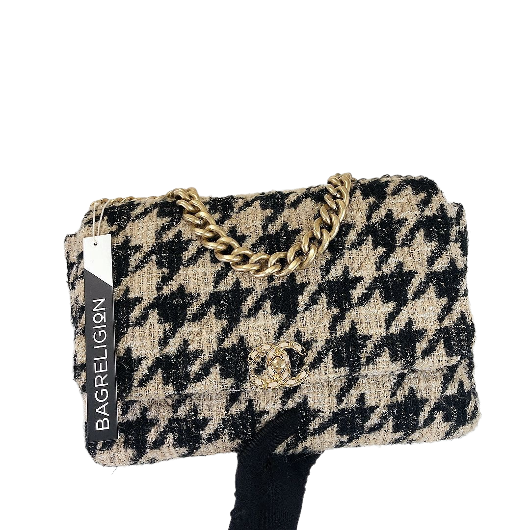 Chanel Maxi 19 Houndstooth Tweed 19K Flap Bag Leather Black Crossbody Bag