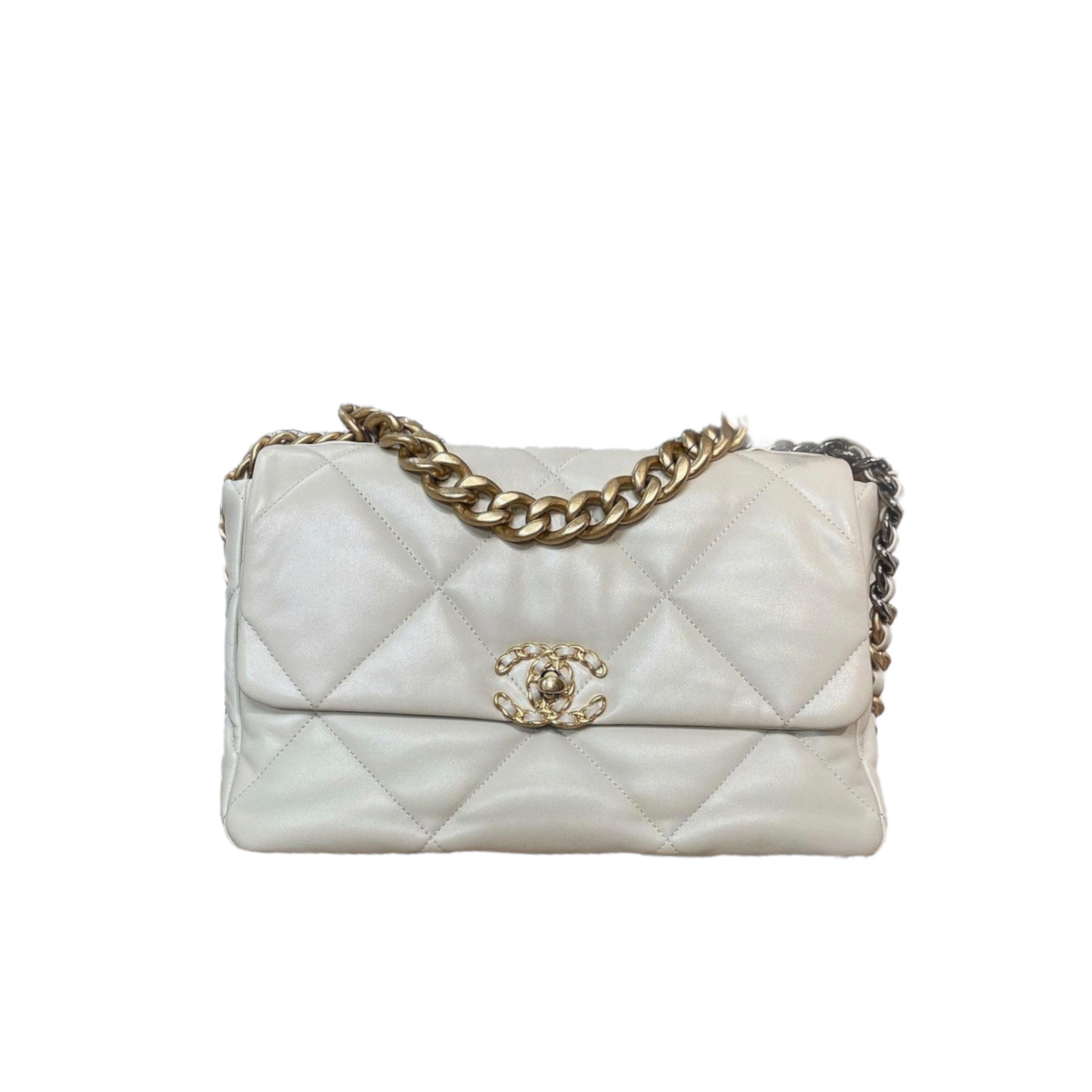 Chanel 19 Large Lambskin Light GHW Handbag Leather Beige Shoulder Bag