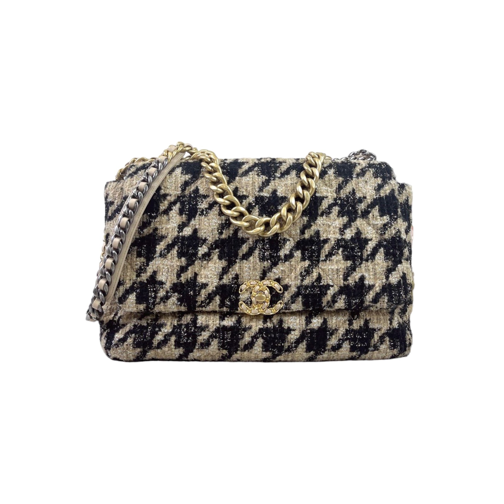Chanel Maxi 19 Houndstooth Tweed 19K Handbag Black Beige Crossbody Bag