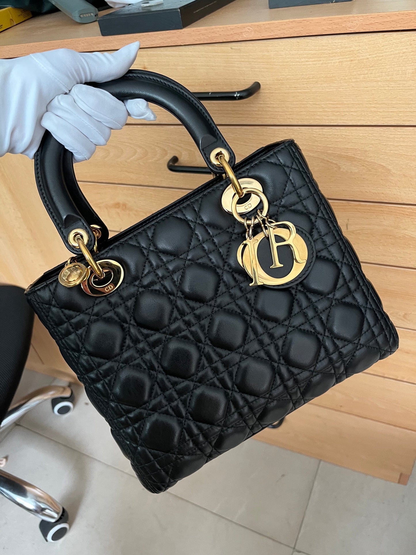 Dior Lady Medium Cannage Lambskin With Hardware Handbag Leather Black Travel Bag