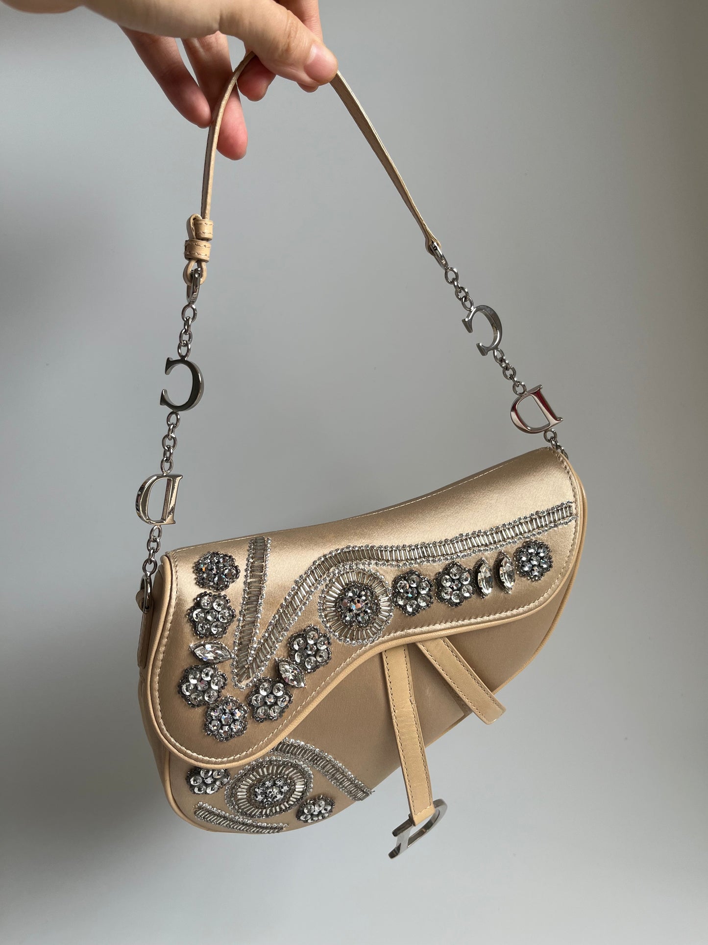Dior Saddle Silk With Crystals Embellishment Handbag Beige Mini Travel Bag