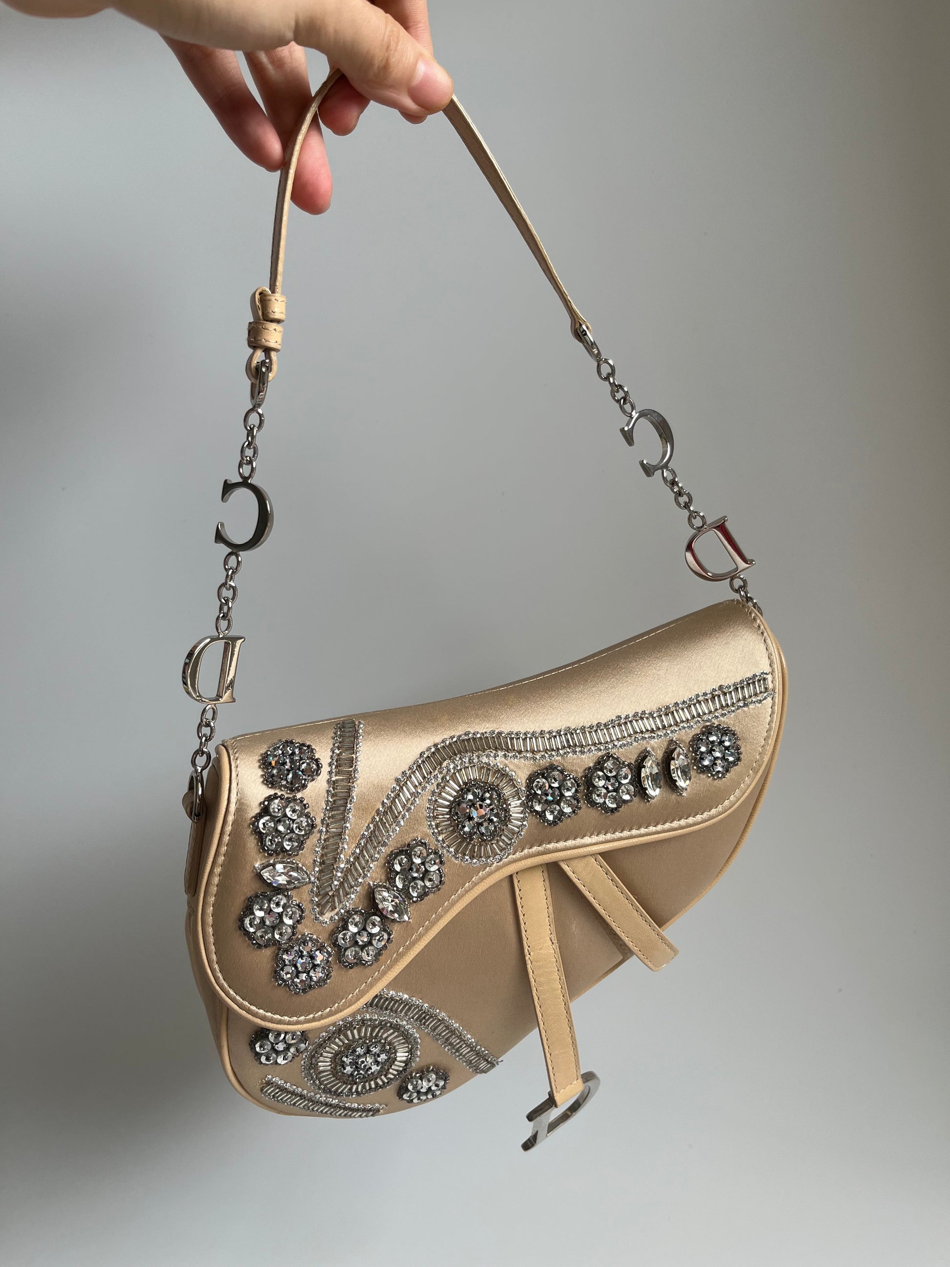 Dior Saddle Silk With Crystals Embellishment Handbag Beige Mini Travel Bag