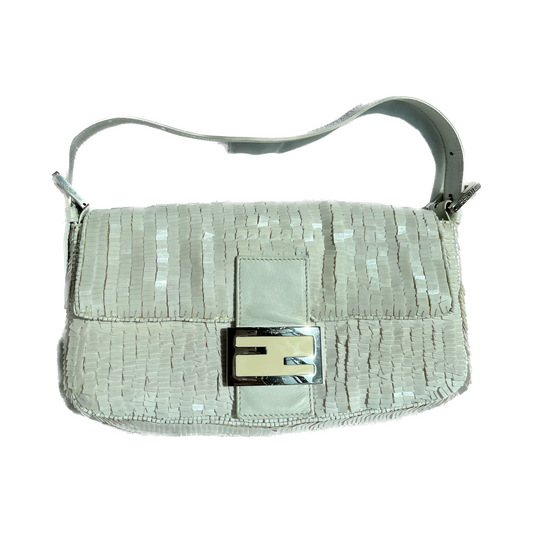 Fendi Baguette Snow Sequins Handbag White Shoulder Bag