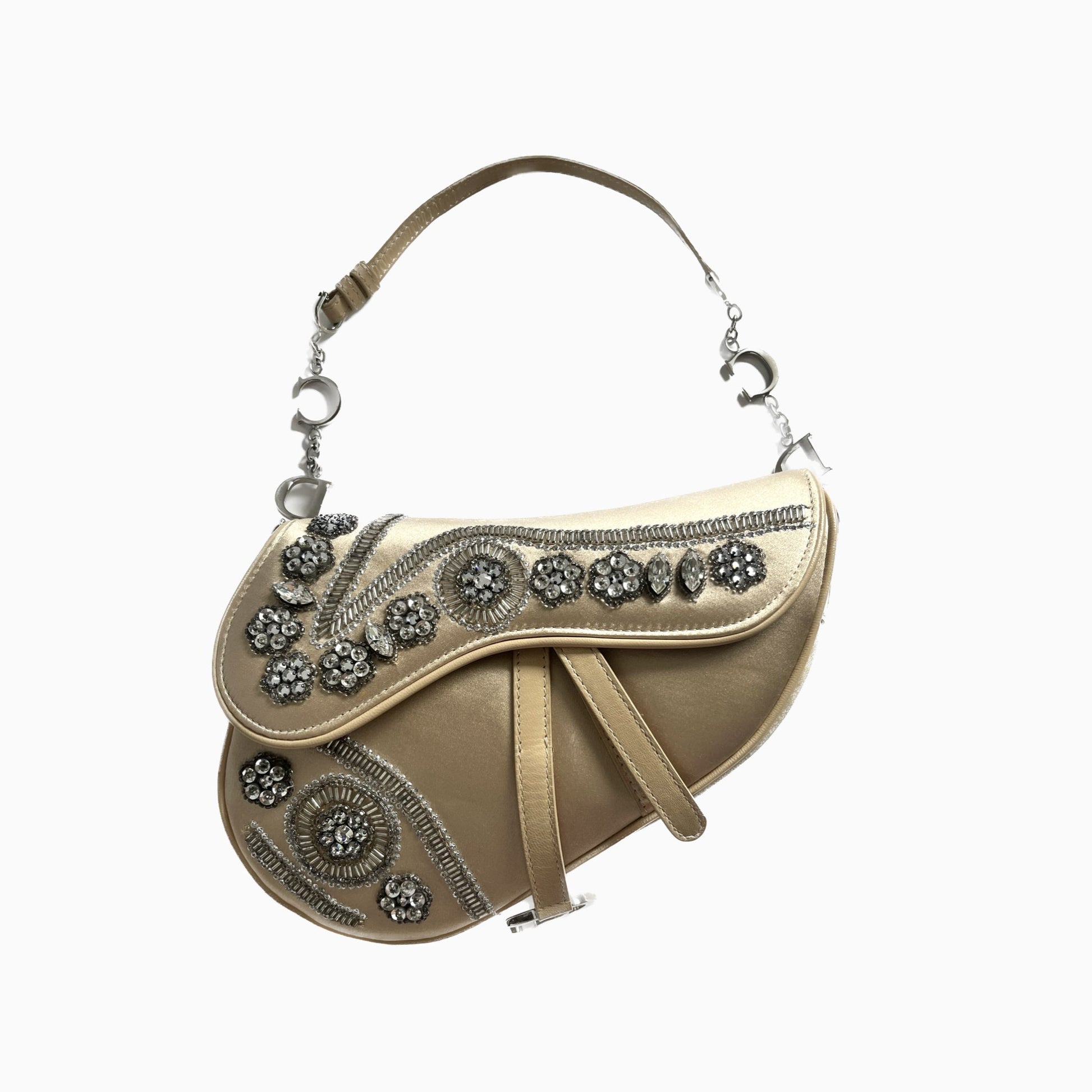 Dior Saddle Silk With Crystals Embellishment Handbag Beige Mini Travel Bag
