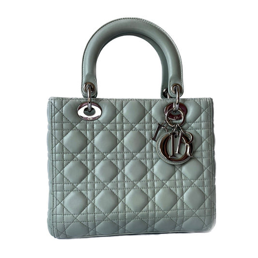 Dior Lady Mint Cannage Lambskin With Hardware And Leather Silver Travel Bag
