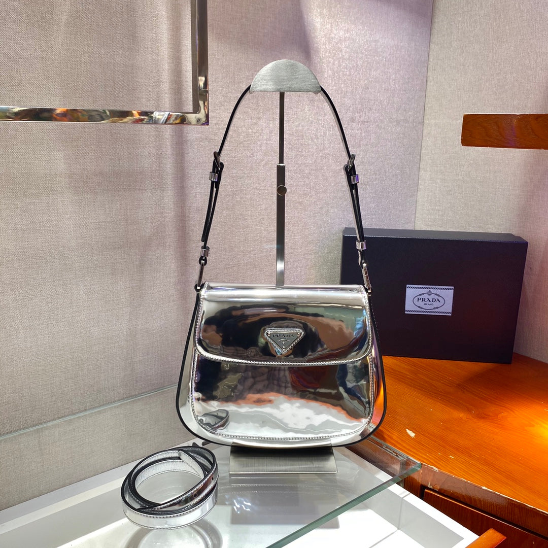 Prada Cleo Brushed Shoulder Bag With Leather Silver Flap