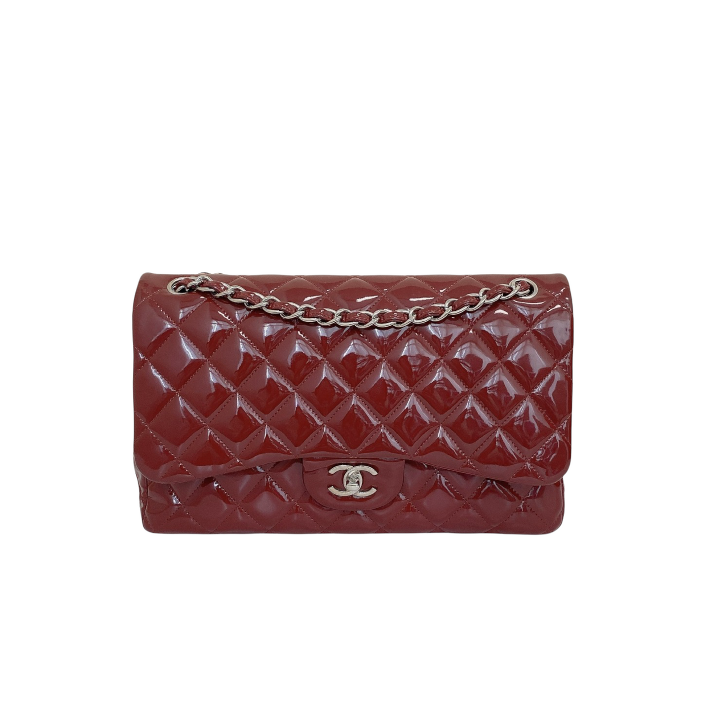 Chanel Double Jumbo Patent SHW Handbag Red Large Shoulder Bag