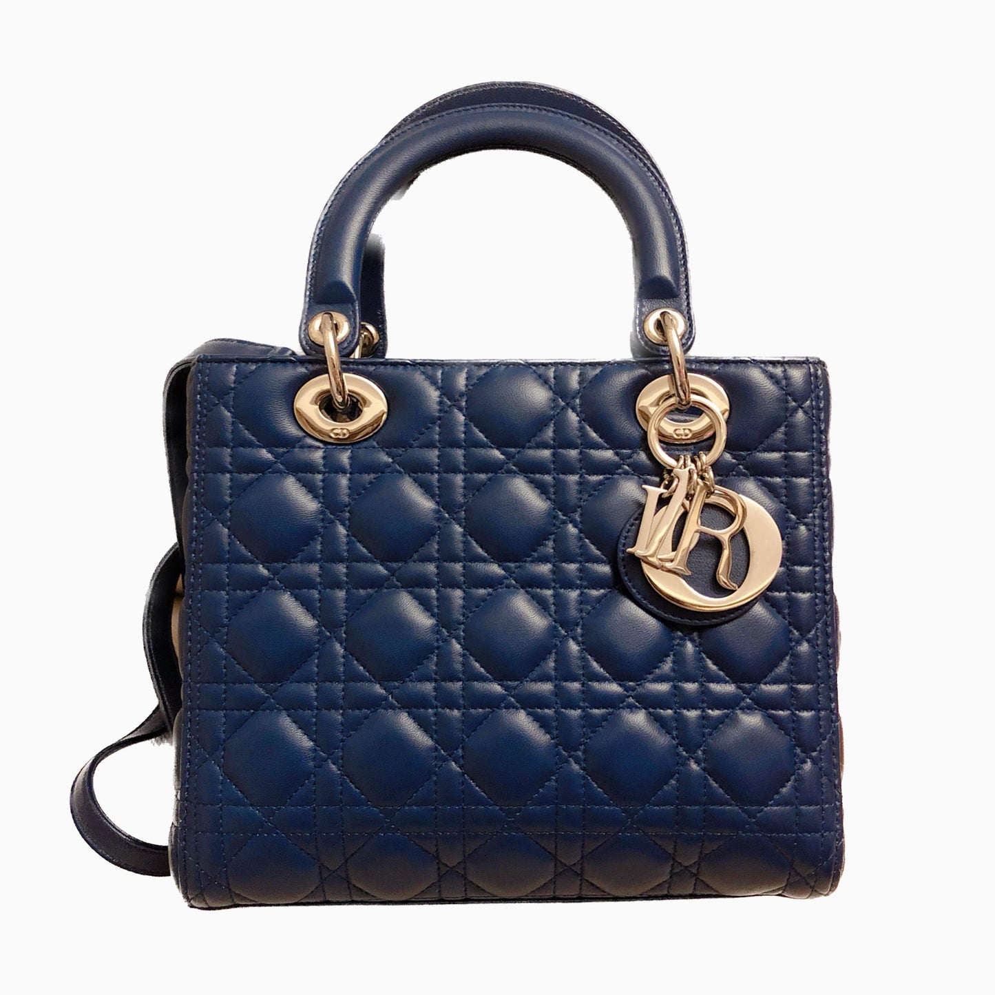 Dior Lady Navy Cannage Lambskin Handbag Leather Blue Travel Bag