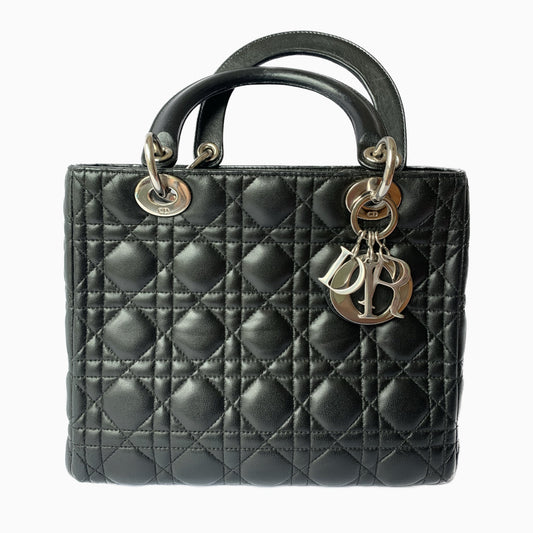 Dior Lady Cannage Lambskin Handbag Leather Black Travel Bag