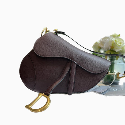 Dior Saddle Maroon Grained Handbag With Strap Leather Medium Travel Bag