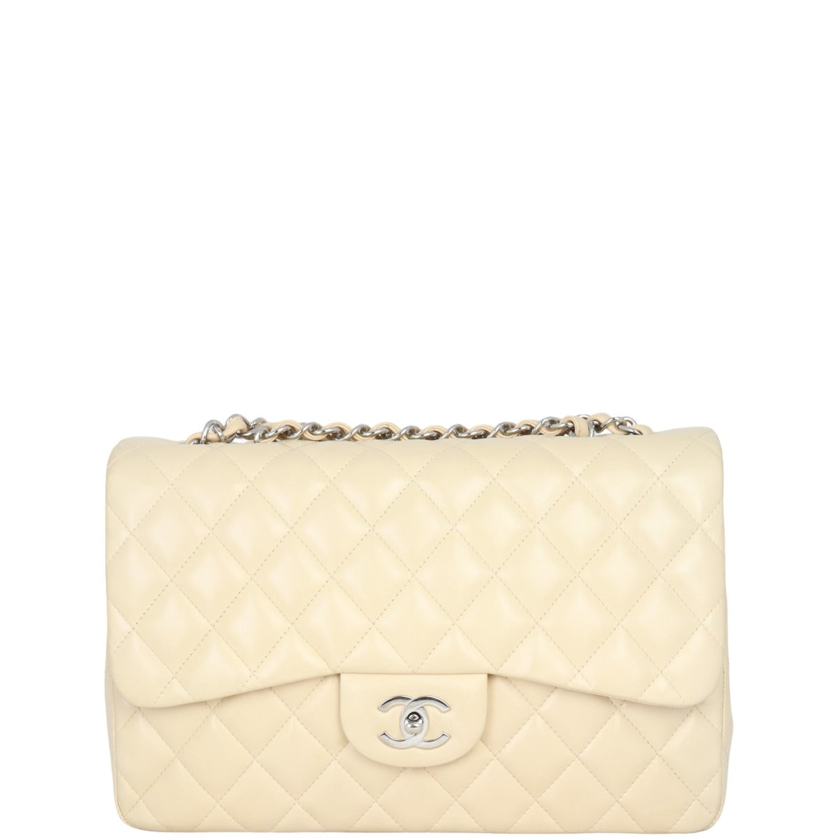 Chanel Classic Single Jumbo Lambskin Handbag White Beige