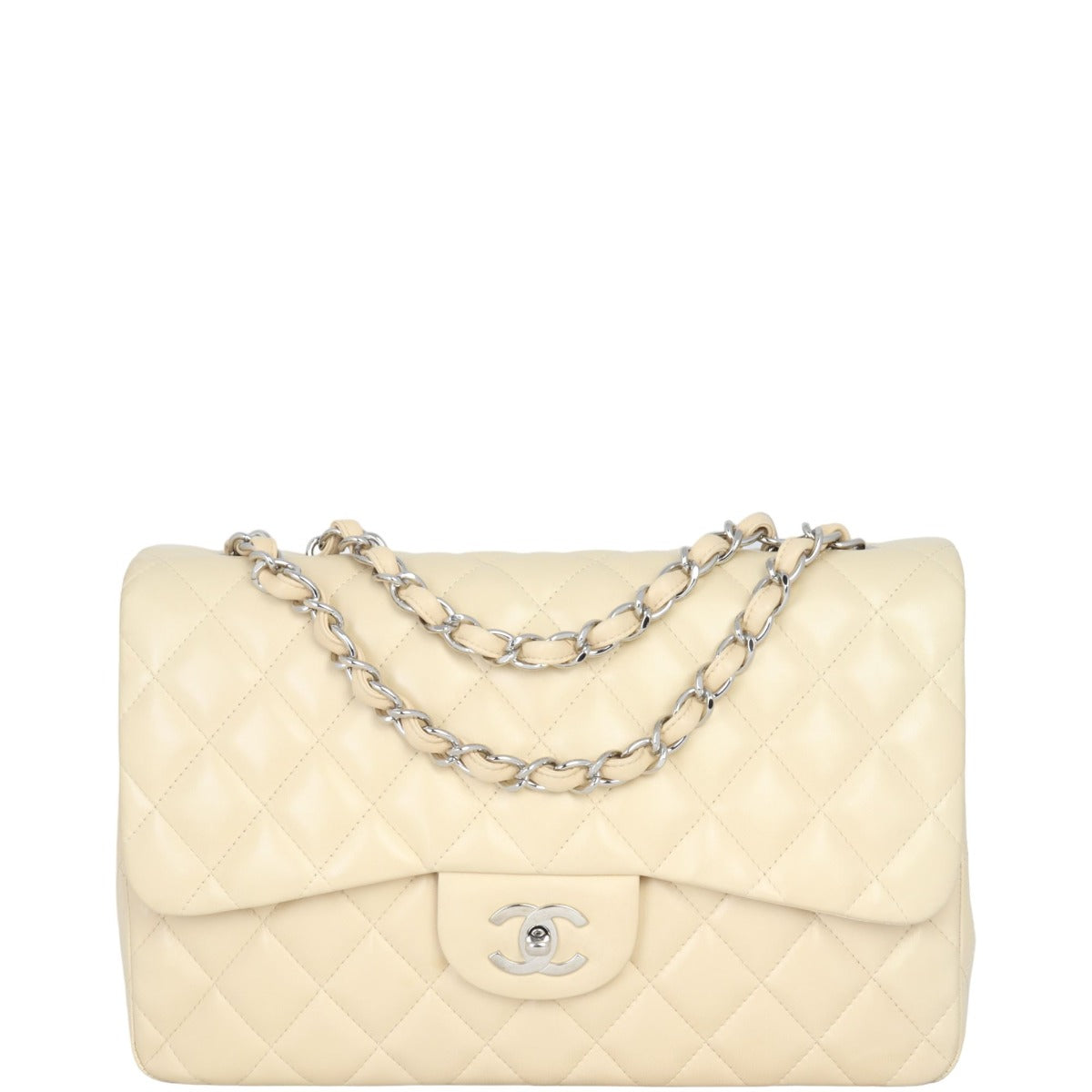 Chanel Classic Single Jumbo Lambskin Handbag White Beige