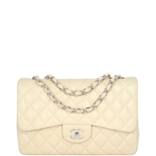 Chanel Classic Single Jumbo Lambskin Handbag White Beige