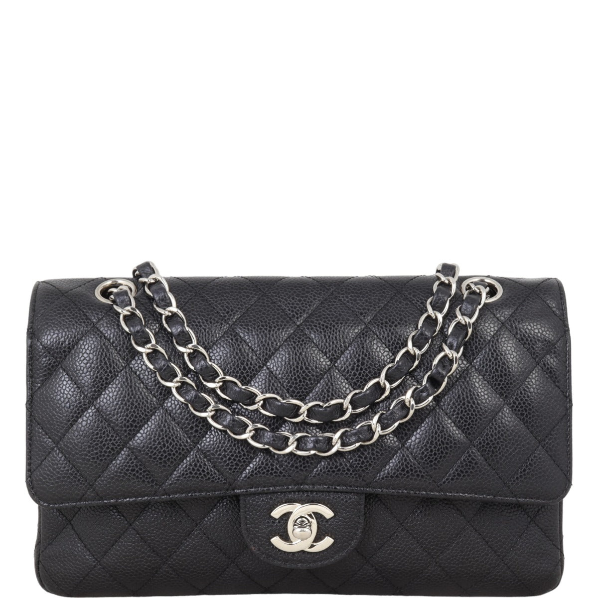 Chanel Classic Double Flap Caviar Hardware Handbag Black Silver