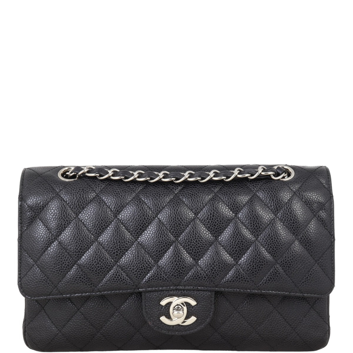 Chanel Classic Double Flap Caviar Hardware Handbag Black Silver