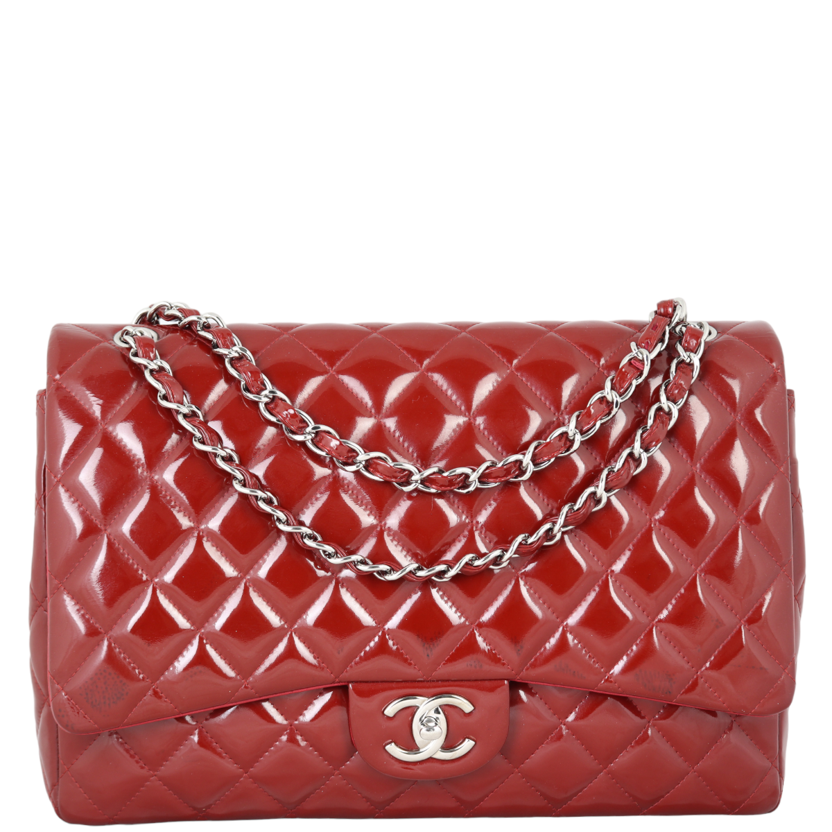 Chanel Classic Double Maxi Patent Handbag Red Flap