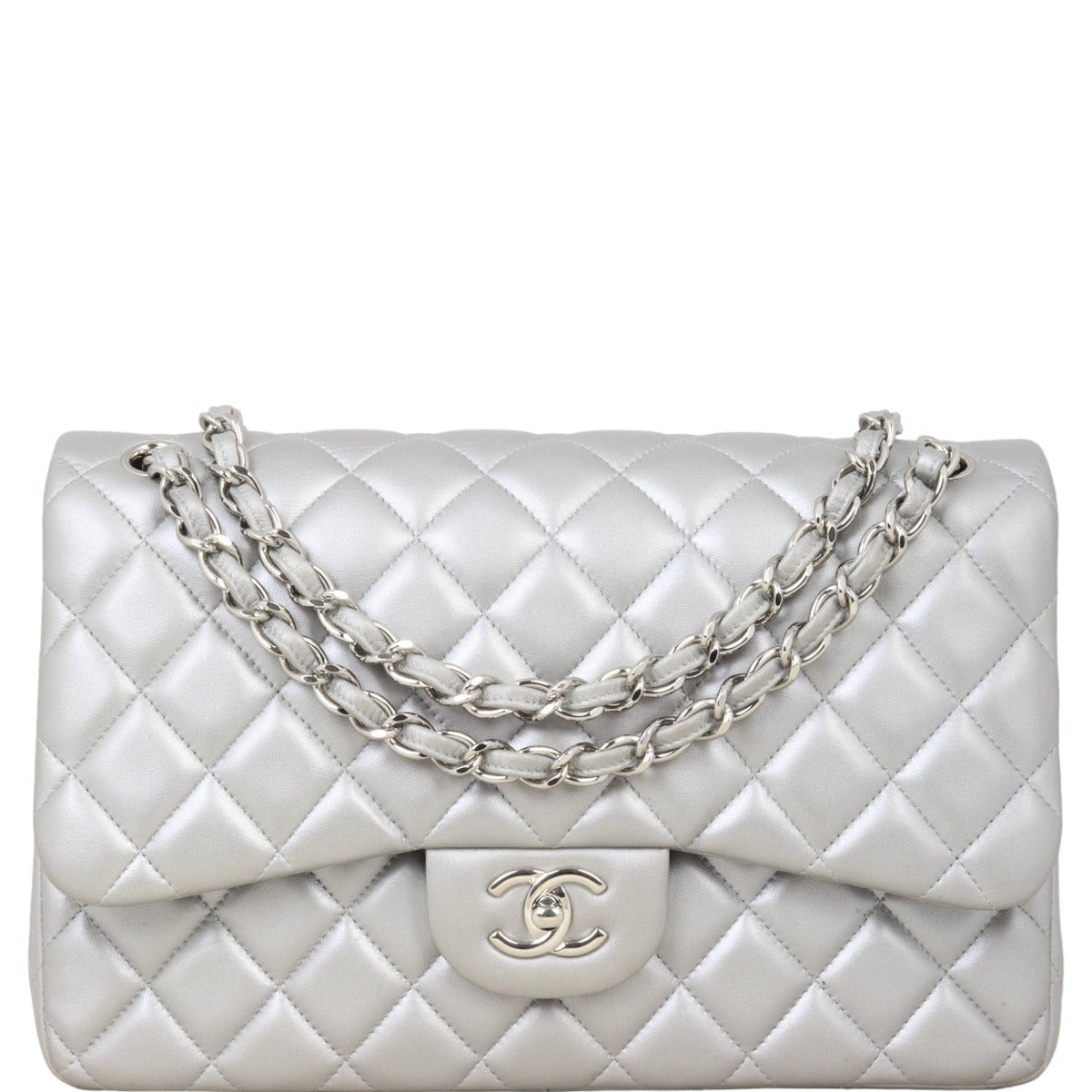 Chanel Classic Double Jumbo Handbag Silver Flap