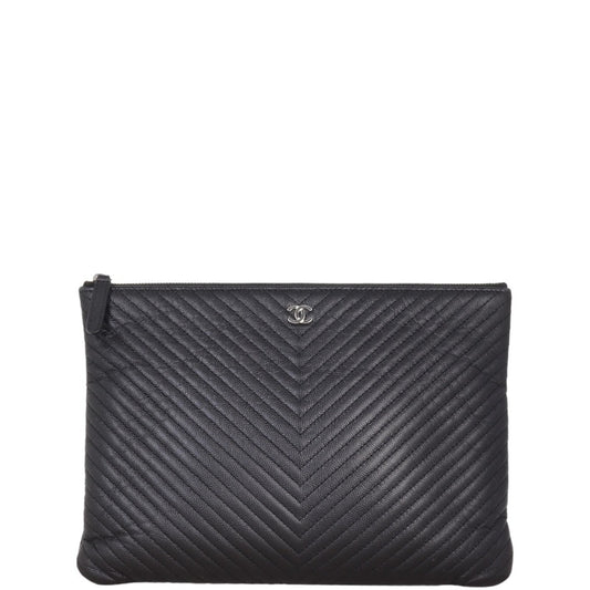 Chanel Classic O-Case Pouch Chevron Handbag Black Medium