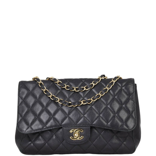 Chanel Classic Single Jumbo Caviar Handbag Quilted Black