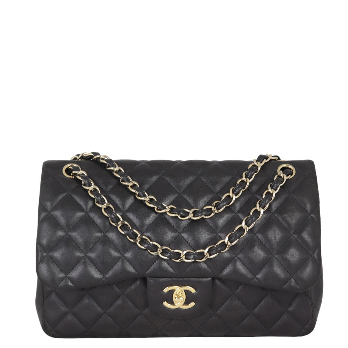 Chanel Classic Double Jumbo Lambskin Diamond Handbag Black Flap