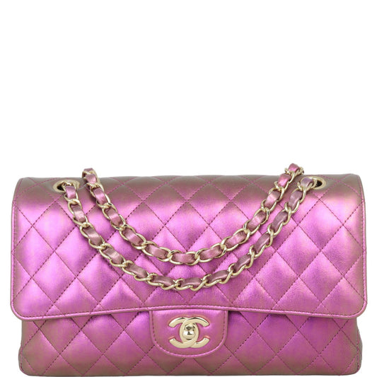 Chanel Classic Double Purple Iridescent Lambskin Handbag Green Medium