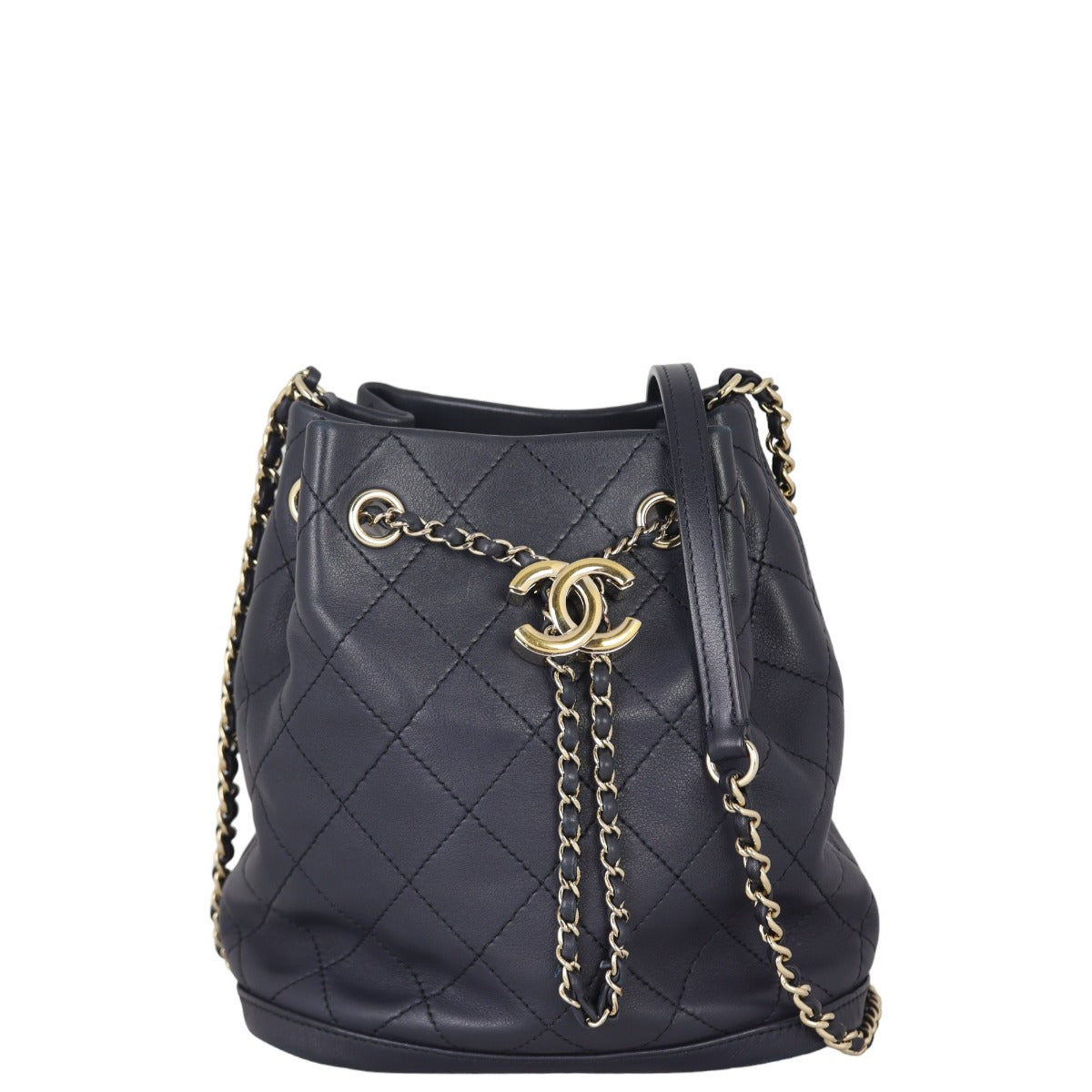 Chanel CC Drawstring Bag Dark Navy Quilted Bucket Jewelry