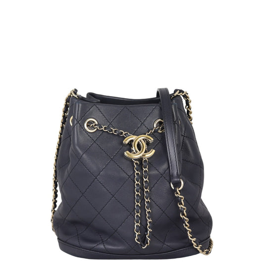 Chanel CC Drawstring Bag Dark Navy Quilted Bucket Jewelry