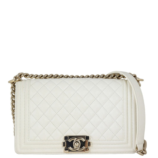 Chanel Boy Old Caviar Handbag White Medium